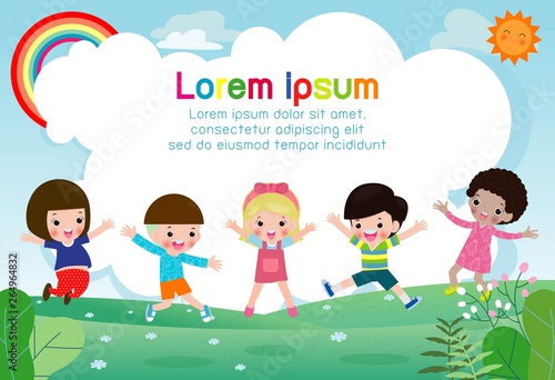 Happy kids jumping and dancing together, children playing on summer background, Template for advertising brochure,your text , Kids and frame,child and frame,Vector Illustration