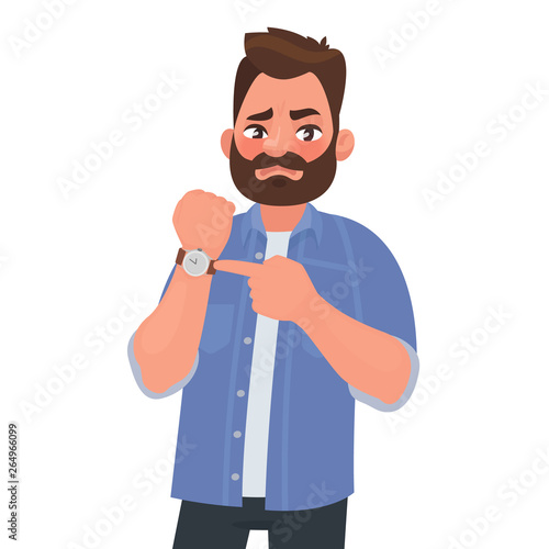 Dissatisfied man shows on the clock. Hurry up. Deadline. Impatient boss. Vector illustration