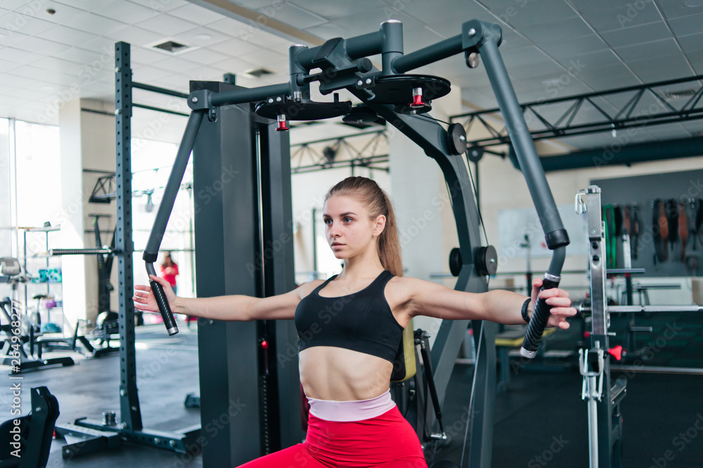 Young woman in sportswear doing exercise in exercise machine at the gym Young woman in sportswear doing exercise in exercise machine at the gym