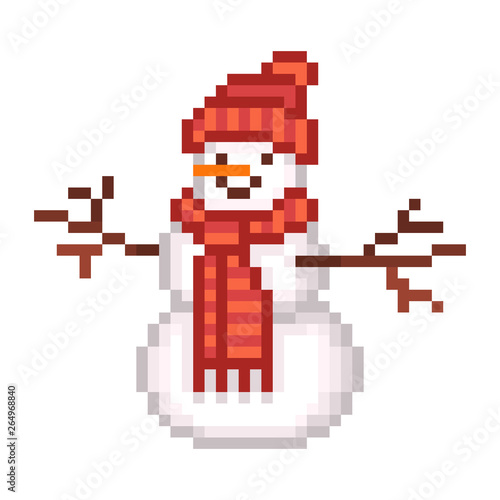 Three-ball snowman with a carrot nose and twig hands in a red knitted pom-pom hat and scarf, old school 8 bit pixel art icon isolated on white background. Winter activity logo.