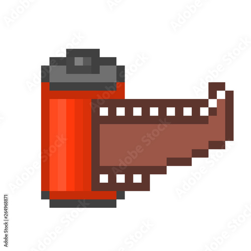 Red roll of 35mm negative film strip, old school 8 bit pixel art icon isolated on white background. Vintage camera equipment. Analog photography hobby symbol. Professional photographer logo.