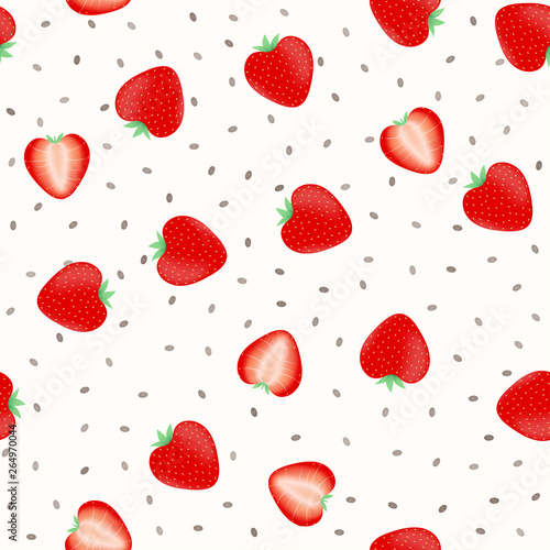 Chia pudding with strawberry slices seamless pattern. Organic food vector illustration. Healthy nutrition concept. Vegetarian food.