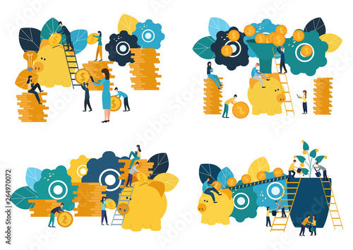 Set of vector flat illustrations, big piggy bank on white background, financial services, bankers do the work, hoard or save money.