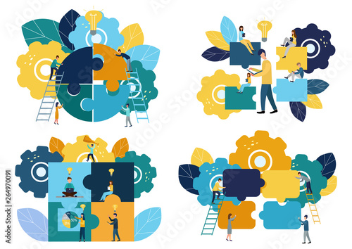 Business concept Team metaphor. people connecting puzzle elements. Set of vector illustrations. flat design style. Symbol of teamwork, cooperation, partnership, new ideas, new victories