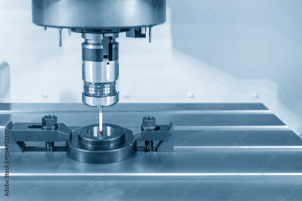 The touch probe attach on the CNC milling machine for calibration process with ring gage. The CMM measuring process. The touch probe attach on the CNC milling machine for calibration process with ring gage. The CMM measuring process.