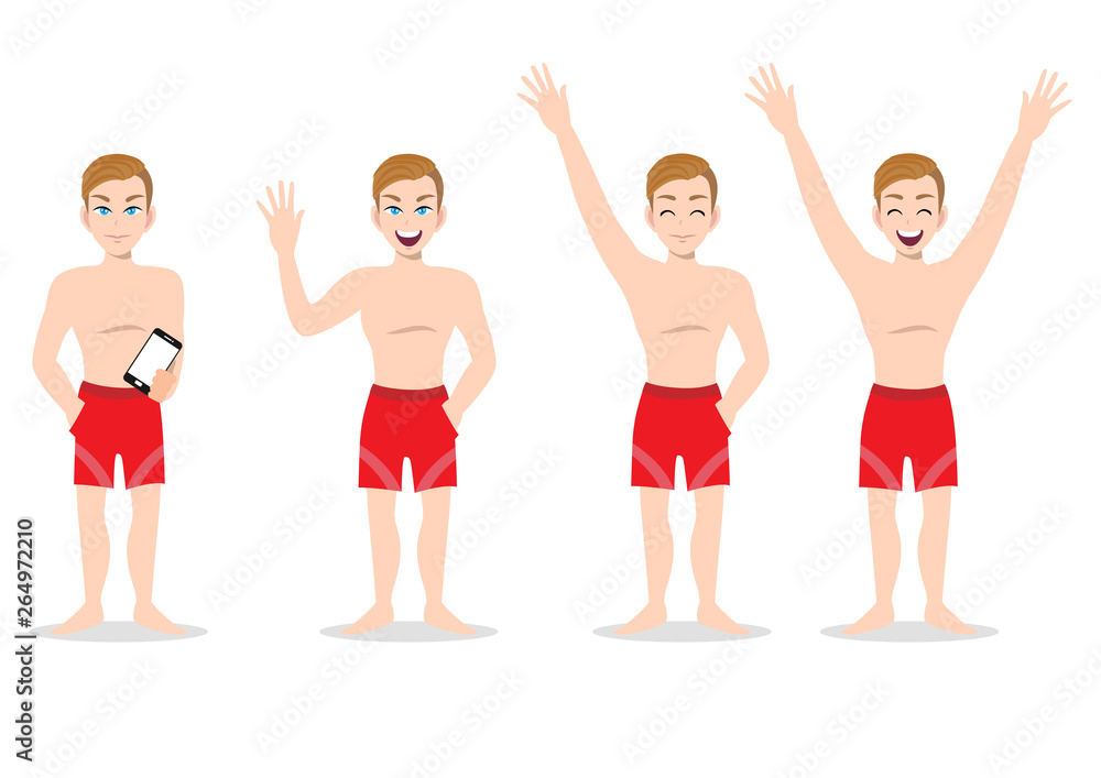 Summer season holiday. Cartoon character on the beach , Handsome man with swimming pant and activities design vector