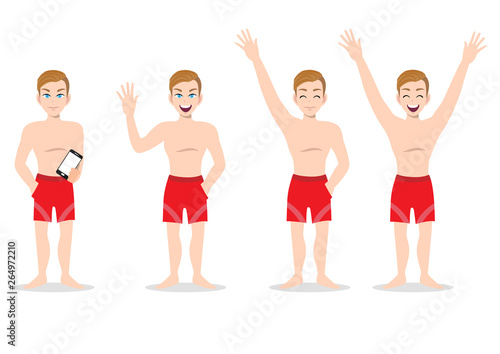 Summer season holiday. Cartoon character on the beach , Handsome man with swimming pant and activities design vector © titaporn