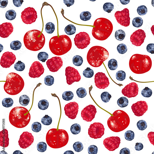 Vector seamless pattern with hand-drawn realistic raspberry, cherry, blaeberry, like paints, juicy colors, appetizing, fresh, tasty, distinct over background of white. Summer wildlife berries tasty.