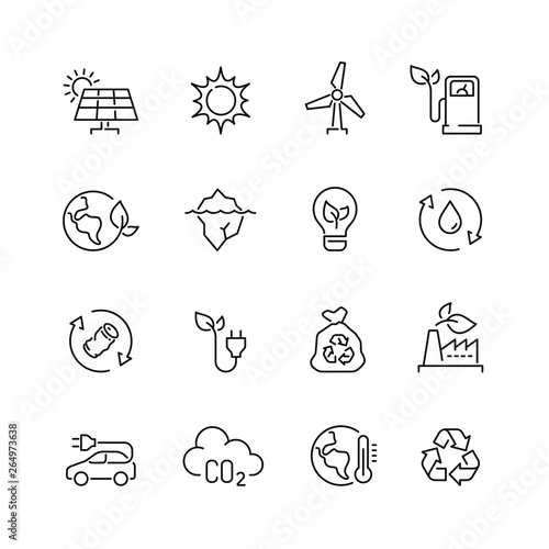 Ecology and recycling related icons: thin vector icon set, black and white kit