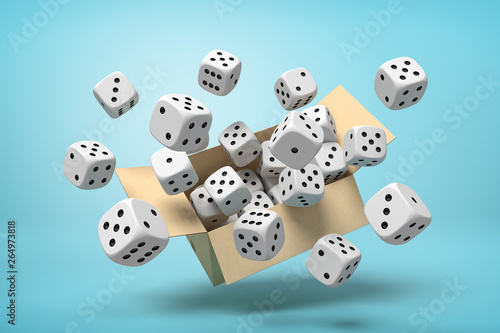 3d rendering of cardboard box in air full of white dice with black spots which are flying out and floating outside on blue background.