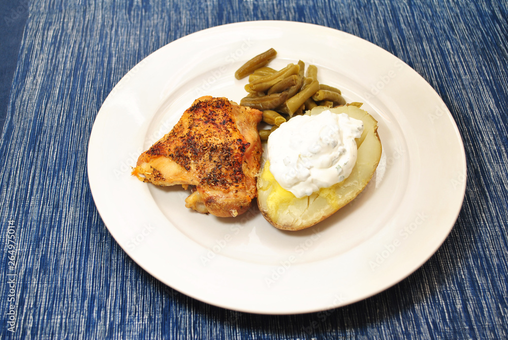Roasted Chicken Thigh With Baked Potato & Green Beans Meal