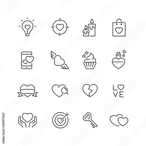 Love and valentines day related icons: thin vector icon set, black and white kit