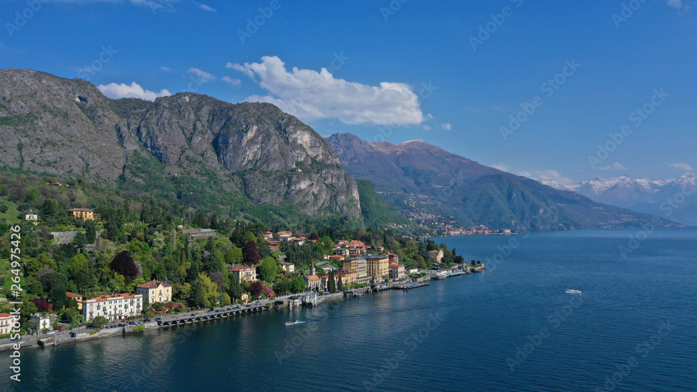 Aerial drone panoramic photo of famous lake Como one of the deepest in Europe, Lombardy, Italy