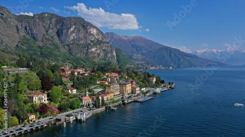 Aerial drone panoramic photo of famous lake Como one of the deepest in Europe  Lombardy  Italy
