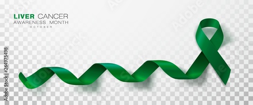 Liver Cancer Awareness Month. Emerald Green Color Ribbon Isolated On Transparent Background. Vector Design Template For Poster.