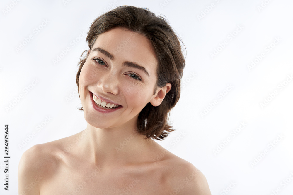 Happy smiling brunette female isolated on white Happy smiling brunette female isolated on white