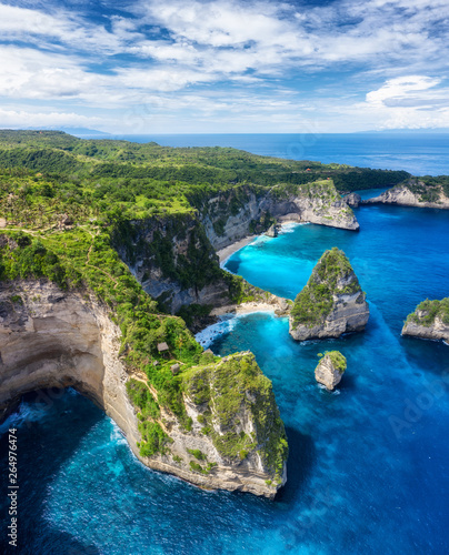 Aerial view at sea and rocks. Turquoise water background from top view. Summer seascape from air. Atuh beach, Nusa Penida, Bali, Indonesia. Travel - image