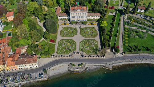 Aerial drone panoramic photo of famous beautiful lake Como one of the deepest in Europe, Lombardy, Italy