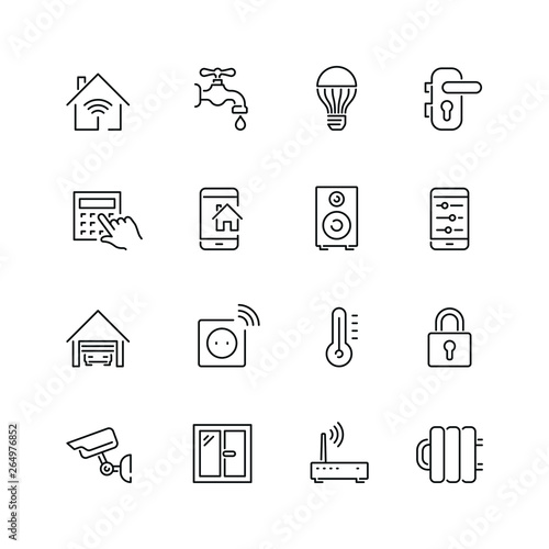 Smart house related icons: thin vector icon set, black and white kit