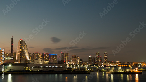Yokohama Building and Port with many ships at sunset in Japan Winter  Photo view from Osan bridge