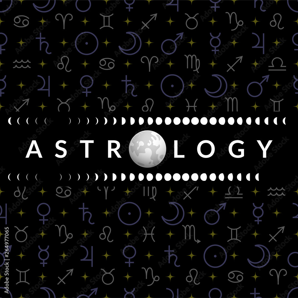 Astrological temlplate for horoscope with Moon, moon phases and seamless pattern of planetary symbols on backdrop
