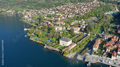 Aerial drone panoramic photo of famous beautiful lake Como one of the deepest in Europe, Lombardy, Italy