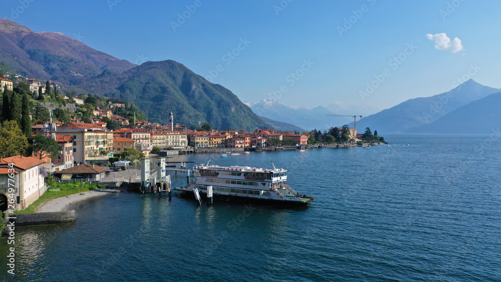 Fototapeta premium Aerial drone panoramic photo of famous beautiful lake Como one of the deepest in Europe, Lombardy, Italy