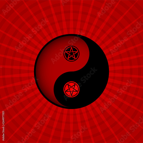 Red Yin Yang oriental sacral symbol with pentagram inside