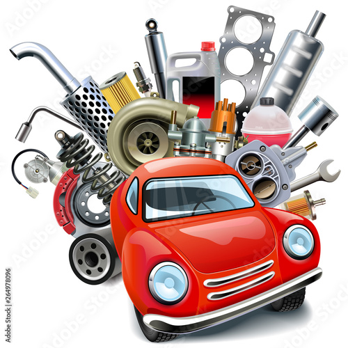 Vector Red Automobile with Car Spares