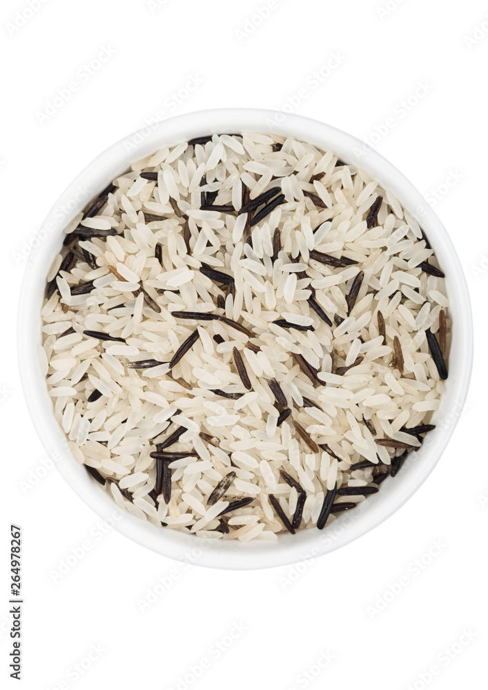 White bowl of raw organic basmati long grain and wild rice on white background. Healthy food. White bowl of raw organic basmati long grain and wild rice on white background. Healthy food.