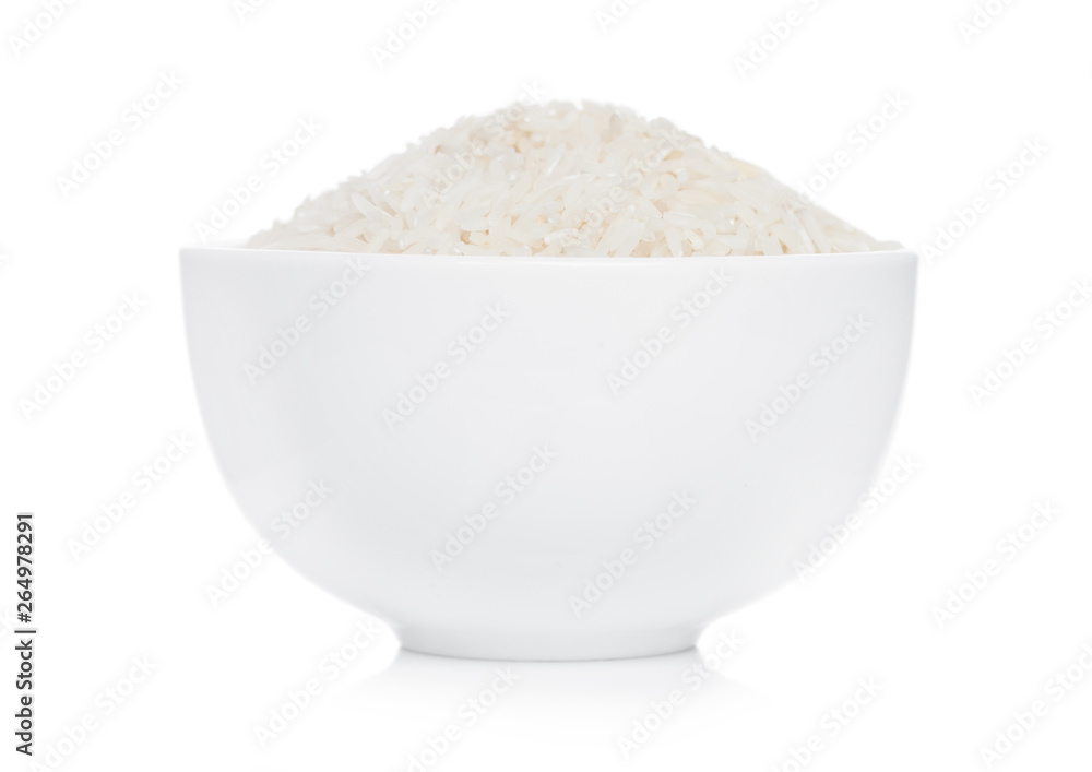 White bowl of raw organic basmati rice on white background. Healthy food. White bowl of raw organic basmati rice on white background. Healthy food.