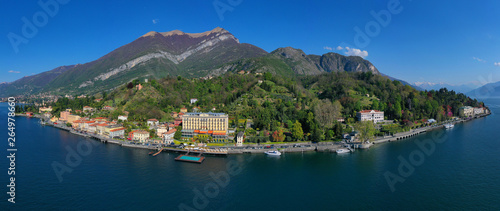 Aerial drone photo of iconic village of Tremezzina in lake Como one of the most beautiful and deepest in Europe, Lombardy, Italy