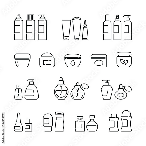 Cosmetic bottles related icons: thin vector icon set, black and white kit