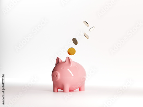 Piggy bank and Gold coins falling. Pink toy on white background. New Year Symbol of profit and growth. Realistic vector object for advertising sale. Investment income in real estate and banking