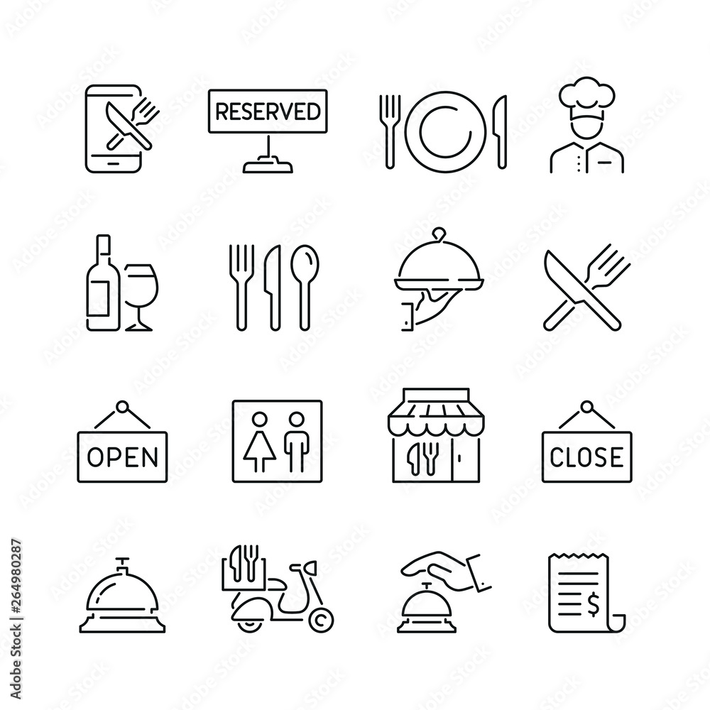 Ταπετσαρία Restaurant related icons: thin vector icon set, black and white kit