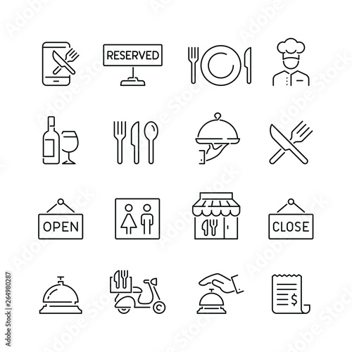 Restaurant related icons: thin vector icon set, black and white kit photo