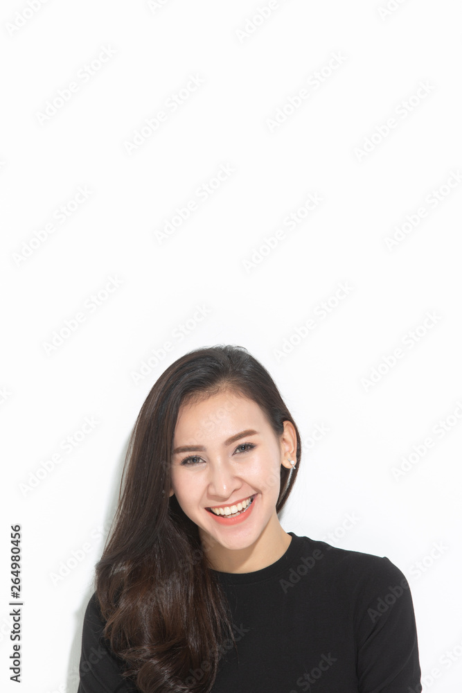 close-up portrait young pretty woman smiling in black t-shirt on white background, happy, positive mood, isolated close-up portrait young pretty woman smiling in black t-shirt on white background, happy, positive mood, isolated