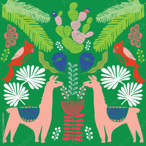 Illustration with llama and cactus plants. Vector seamless pattern on botanical background. Greeting card with Alpaca