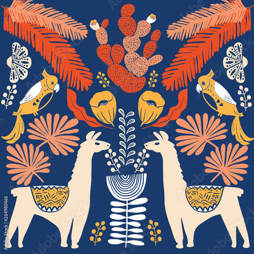Illustration with llama and cactus plants. Vector seamless pattern on botanical background. Greeting card with Alpaca