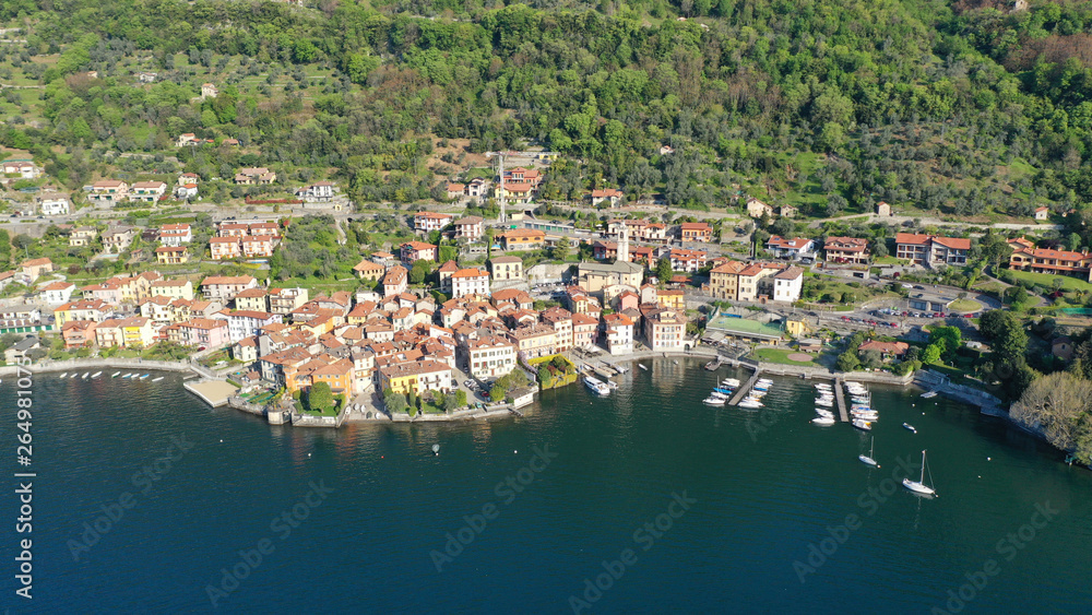 Fototapeta premium Aerial drone panoramic photo of famous beautiful lake Como one of the deepest in Europe, Lombardy, Italy