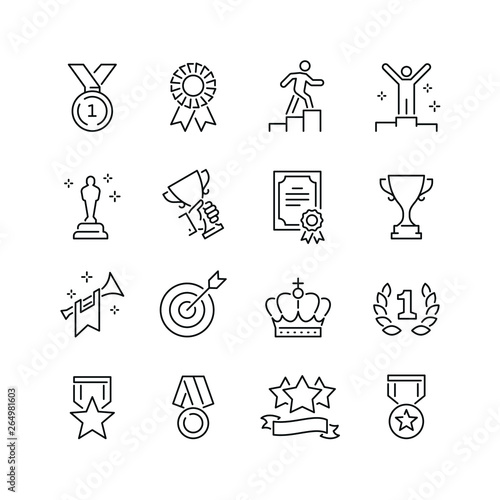 Awards related icons: thin vector icon set, black and white kit