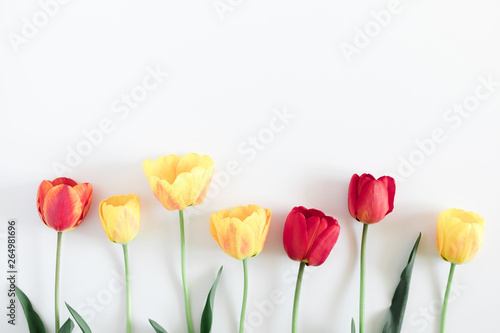 Beautiful composition of spring flowers. Yellow and red tulips flowers on white background. Valentine's Day, Easter, Birthday, Mother's Day. Flat lay, top view, copy space 