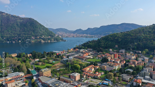 Aerial drone panoramic photo of famous beautiful lake Como one of the deepest in Europe, Lombardy, Italy