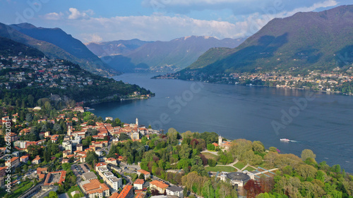 Aerial drone panoramic photo of famous beautiful lake Como one of the deepest in Europe, Lombardy, Italy