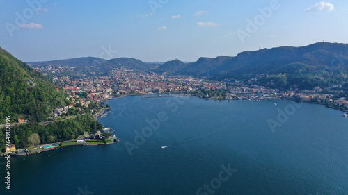 Fototapeta Naklejka Na Ścianę i Meble -  Aerial drone panoramic photo of famous beautiful lake Como one of the deepest in Europe, Lombardy, Italy