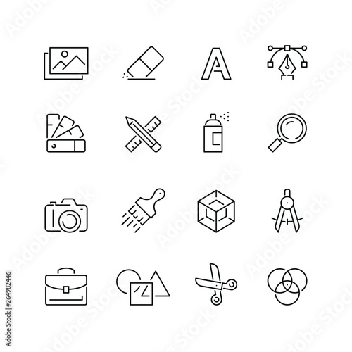 Design related icons: thin vector icon set, black and white kit