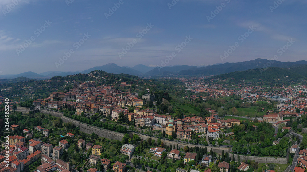 Aerial drone photo of iconic and beautiful old fortified upper Medieval city of Bergamo, Lombardy, Italy