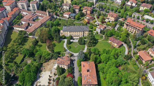 Aerial drone photo of iconic and beautiful old fortified upper Medieval city of Bergamo, Lombardy, Italy © aerial-drone