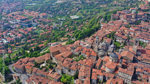 Aerial drone photo of iconic and beautiful old fortified upper Medieval city of Bergamo, Lombardy, Italy