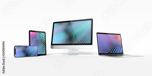 Modern devices with smartphone laptop computer and tablet aligned and isolated on white mockup 3D rendering